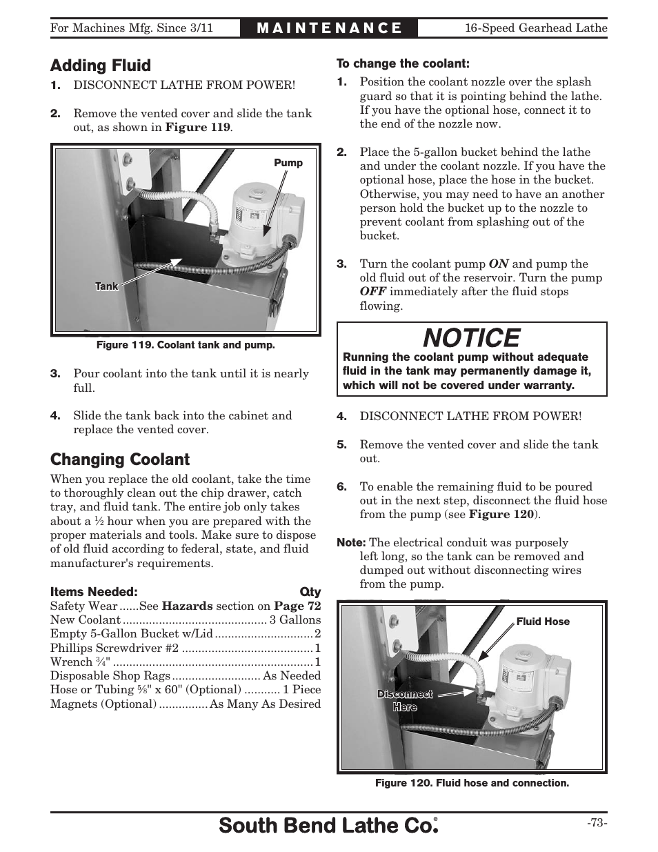 Adding fluid, Changing coolant | Southbend South Bend 16 SPEED GEARHEAD LATHE SB1053 User Manual | Page 75 / 136