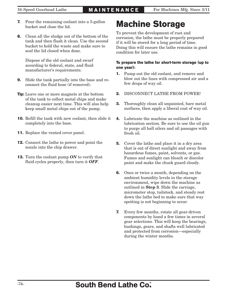 Machine storage | Southbend South Bend 16 SPEED GEARHEAD LATHE SB1053 User Manual | Page 76 / 136