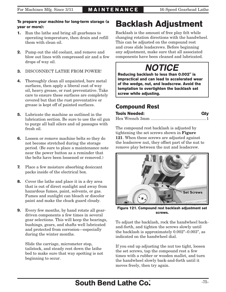 Backlash adjustment, Compound rest | Southbend South Bend 16 SPEED GEARHEAD LATHE SB1053 User Manual | Page 77 / 136