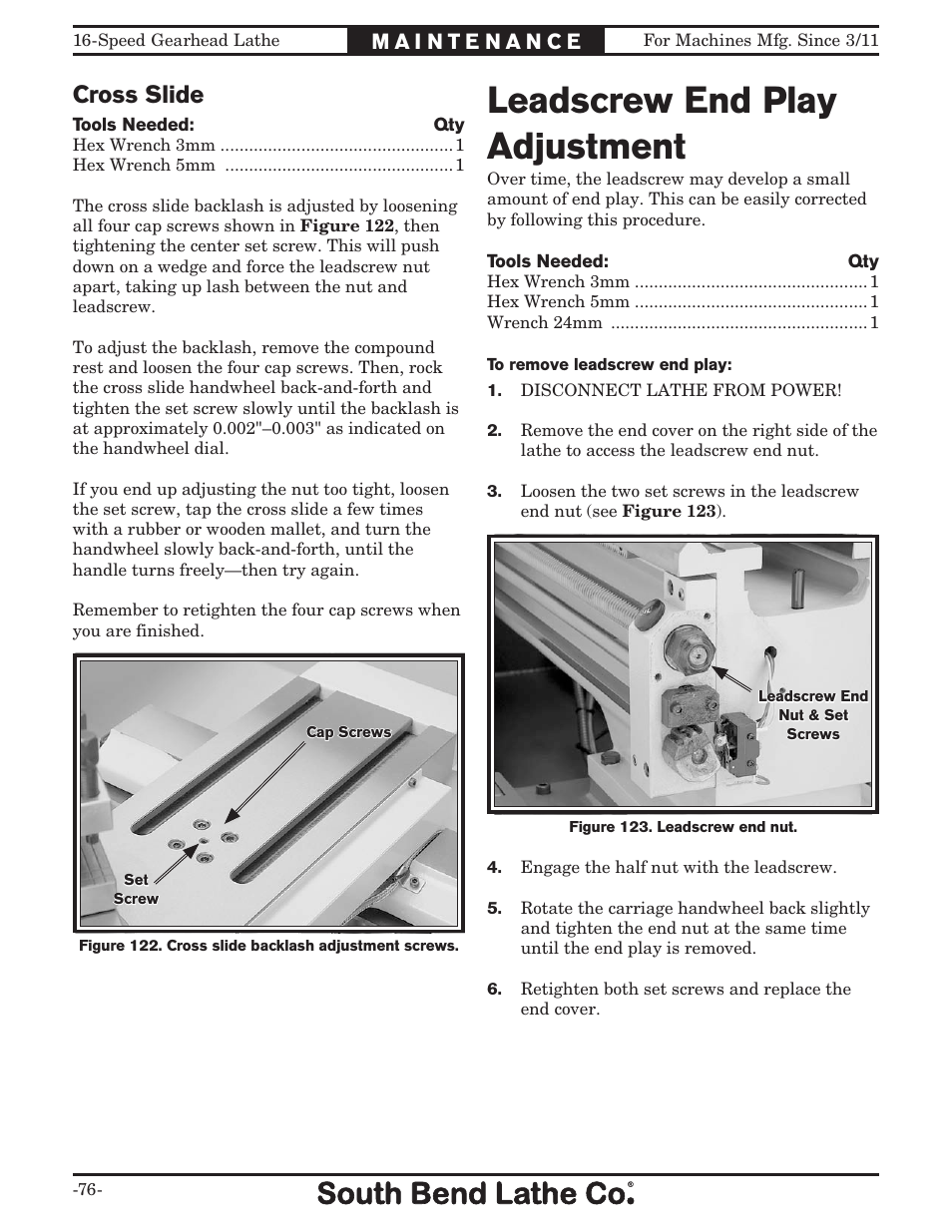 Leadscrew end play adjustment, Cross slide | Southbend South Bend 16 SPEED GEARHEAD LATHE SB1053 User Manual | Page 78 / 136