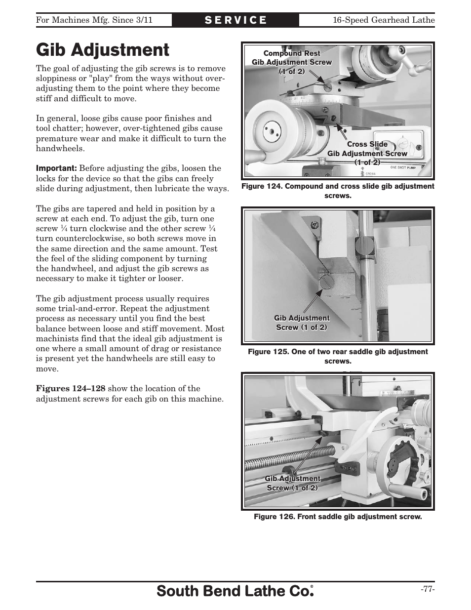 Gib adjustment | Southbend South Bend 16 SPEED GEARHEAD LATHE SB1053 User Manual | Page 79 / 136