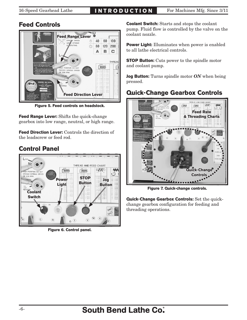 Feed controls, Control panel, Quick-change gearbox controls | Southbend South Bend 16 SPEED GEARHEAD LATHE SB1053 User Manual | Page 8 / 136