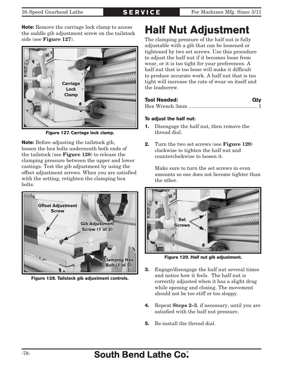 Half nut adjustment | Southbend South Bend 16 SPEED GEARHEAD LATHE SB1053 User Manual | Page 80 / 136