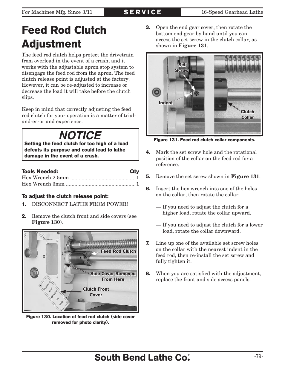 Feed rod clutch adjustment | Southbend South Bend 16 SPEED GEARHEAD LATHE SB1053 User Manual | Page 81 / 136