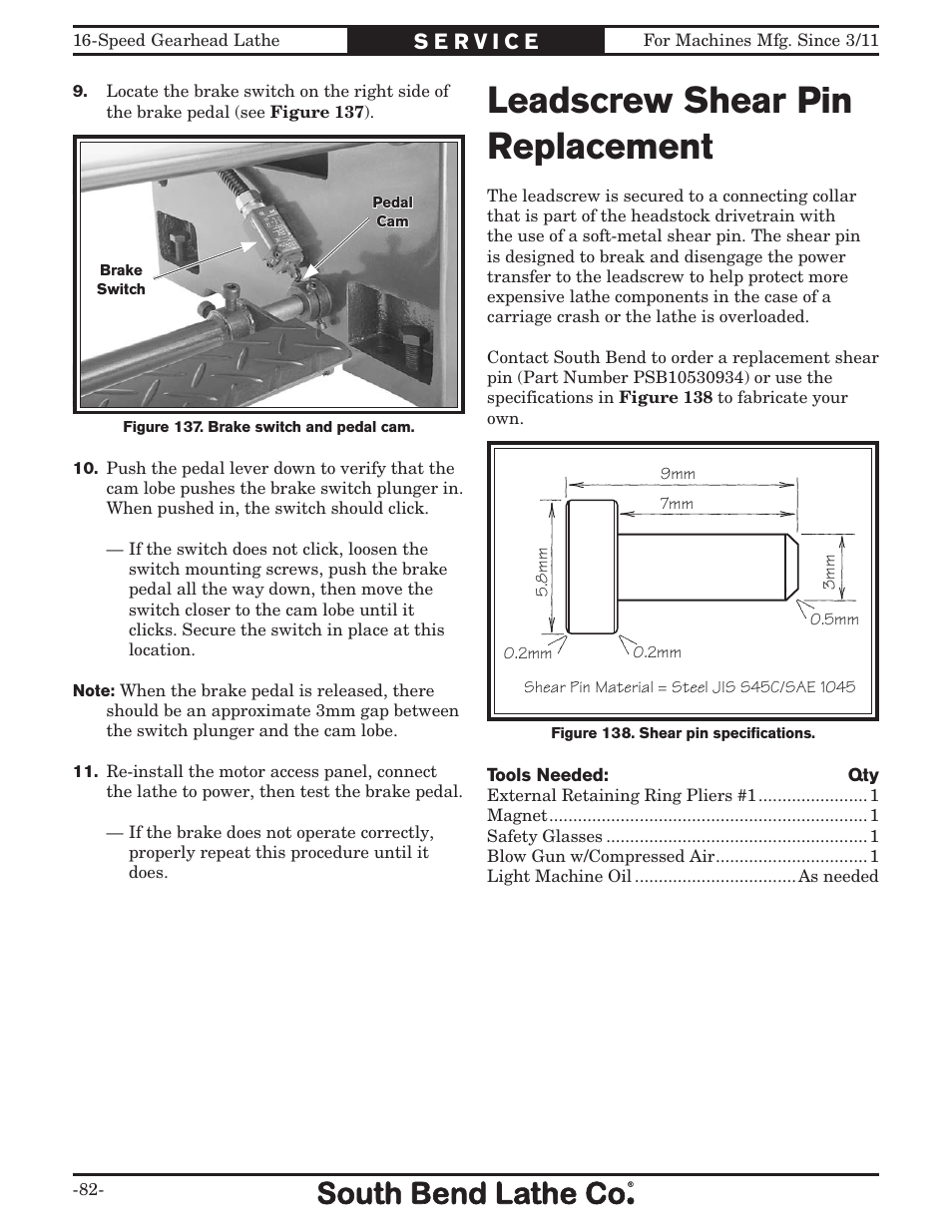 Leadscrew shear pin replacement | Southbend South Bend 16 SPEED GEARHEAD LATHE SB1053 User Manual | Page 84 / 136