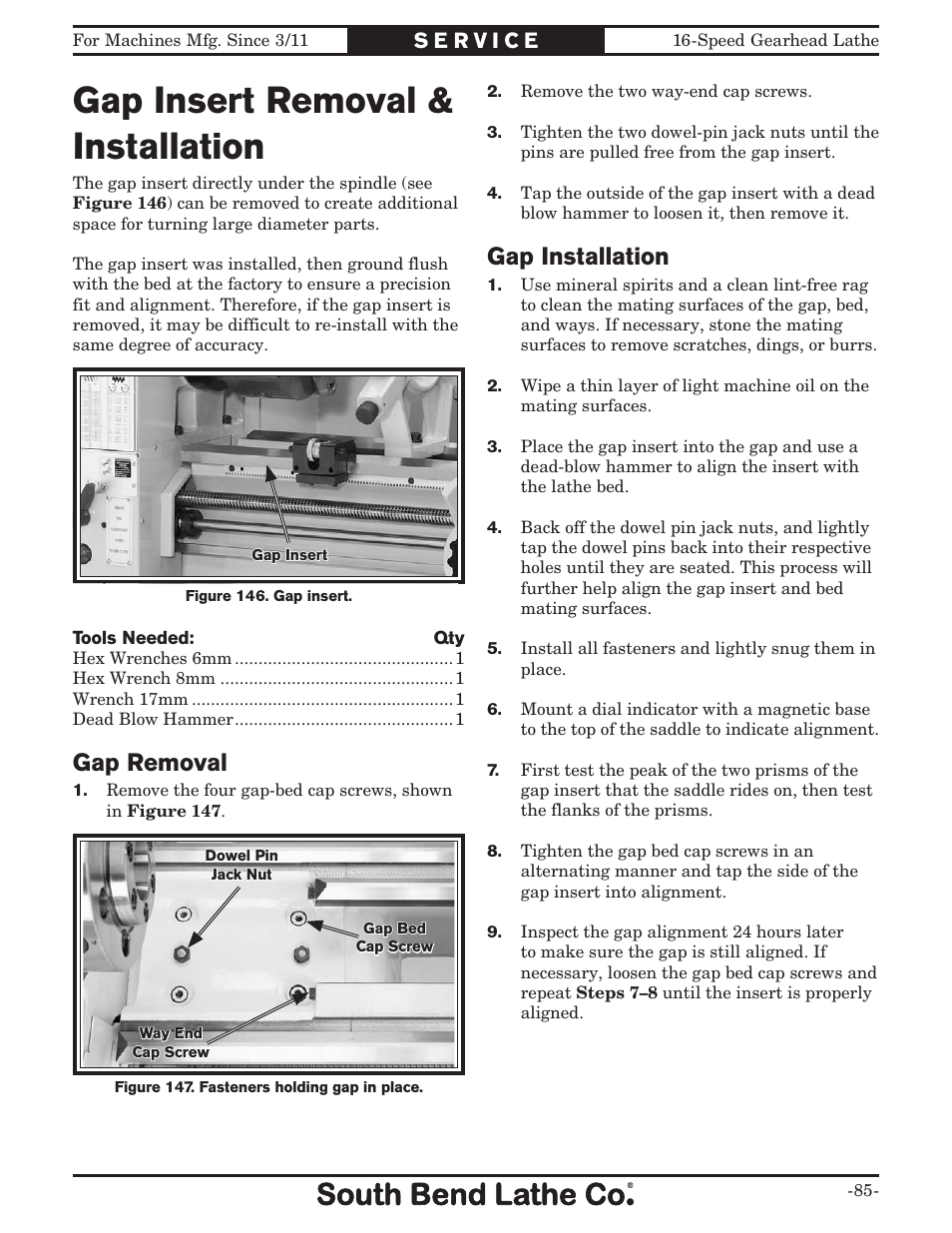 Gap insert removal & installation, Gap removal, Gap installation | Southbend South Bend 16 SPEED GEARHEAD LATHE SB1053 User Manual | Page 87 / 136