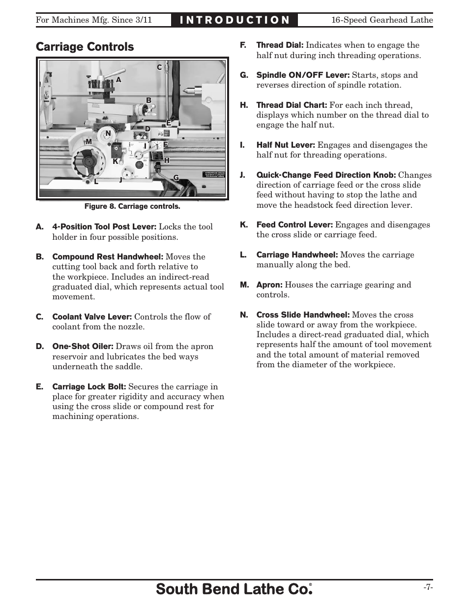 Carriage controls | Southbend South Bend 16 SPEED GEARHEAD LATHE SB1053 User Manual | Page 9 / 136