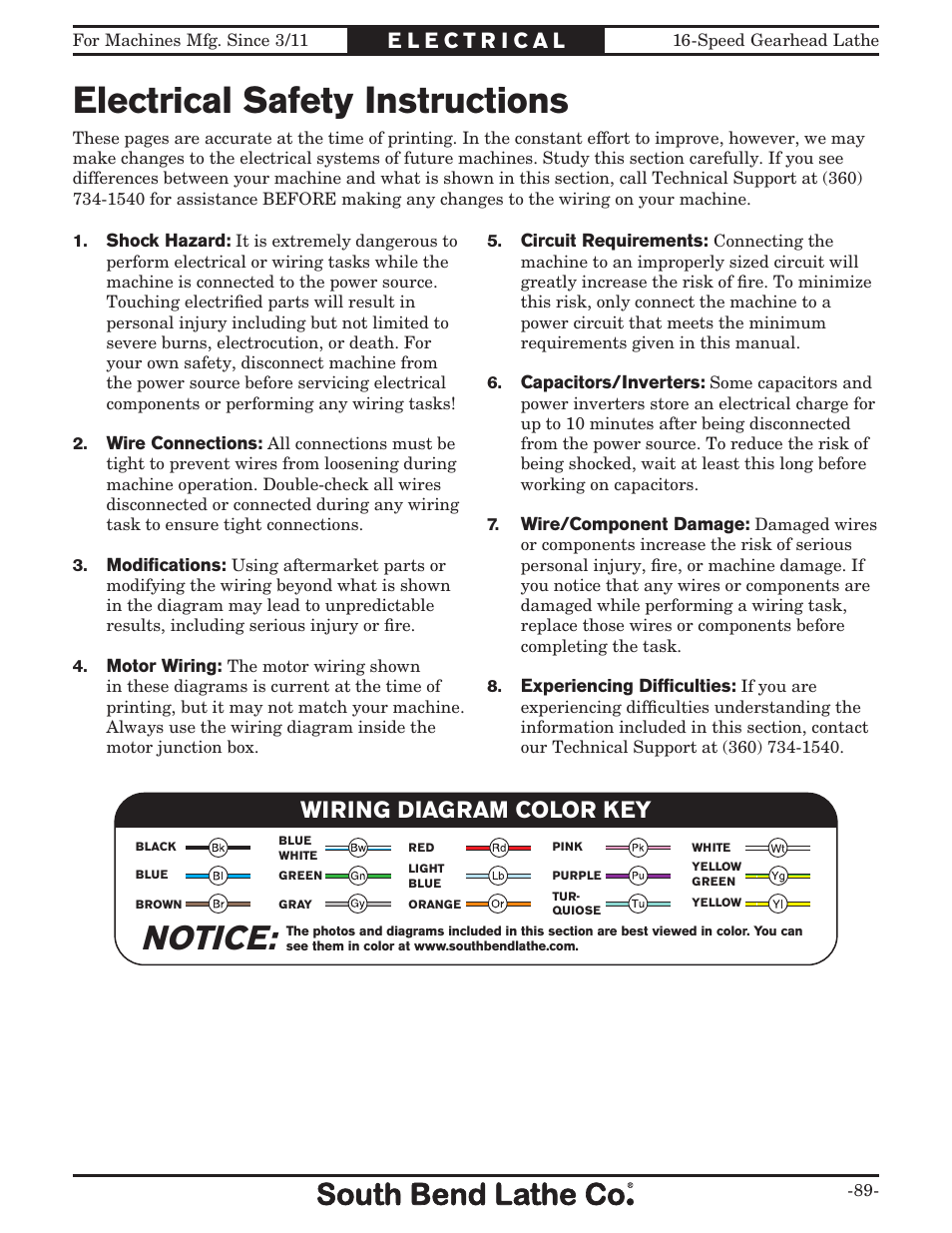 Electrical safety instructions, Notice, Wiring diagram color key | Southbend South Bend 16 SPEED GEARHEAD LATHE SB1053 User Manual | Page 91 / 136