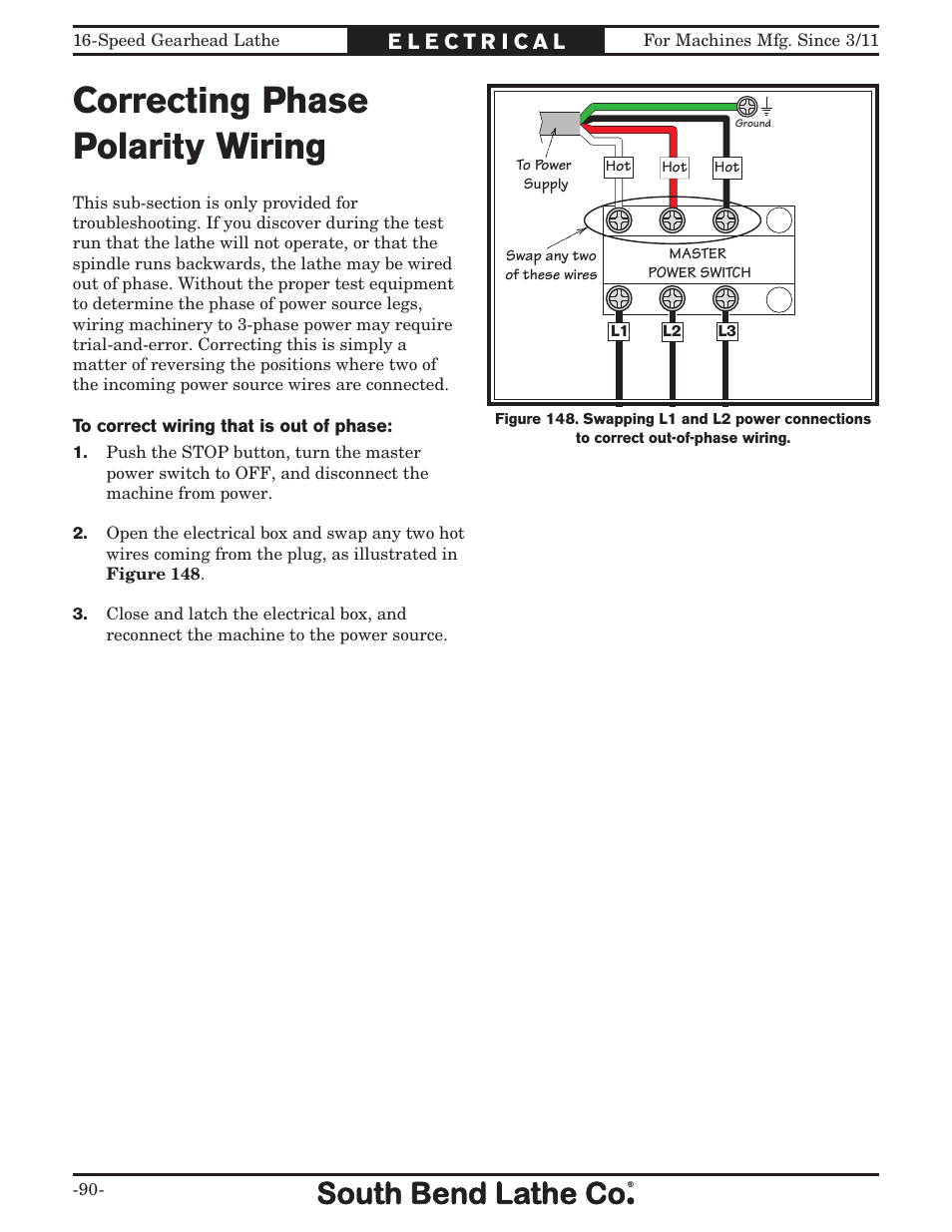 Correcting phase polarity wiring | Southbend South Bend 16 SPEED GEARHEAD LATHE SB1053 User Manual | Page 92 / 136