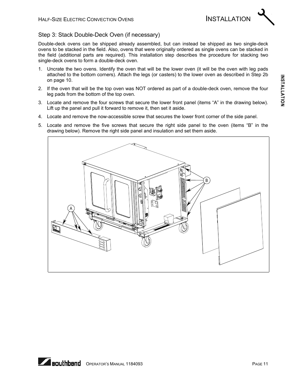 Step 3: stack double-deck oven (if necessary), Nstallation | Southbend 1184093 User Manual | Page 11 / 72