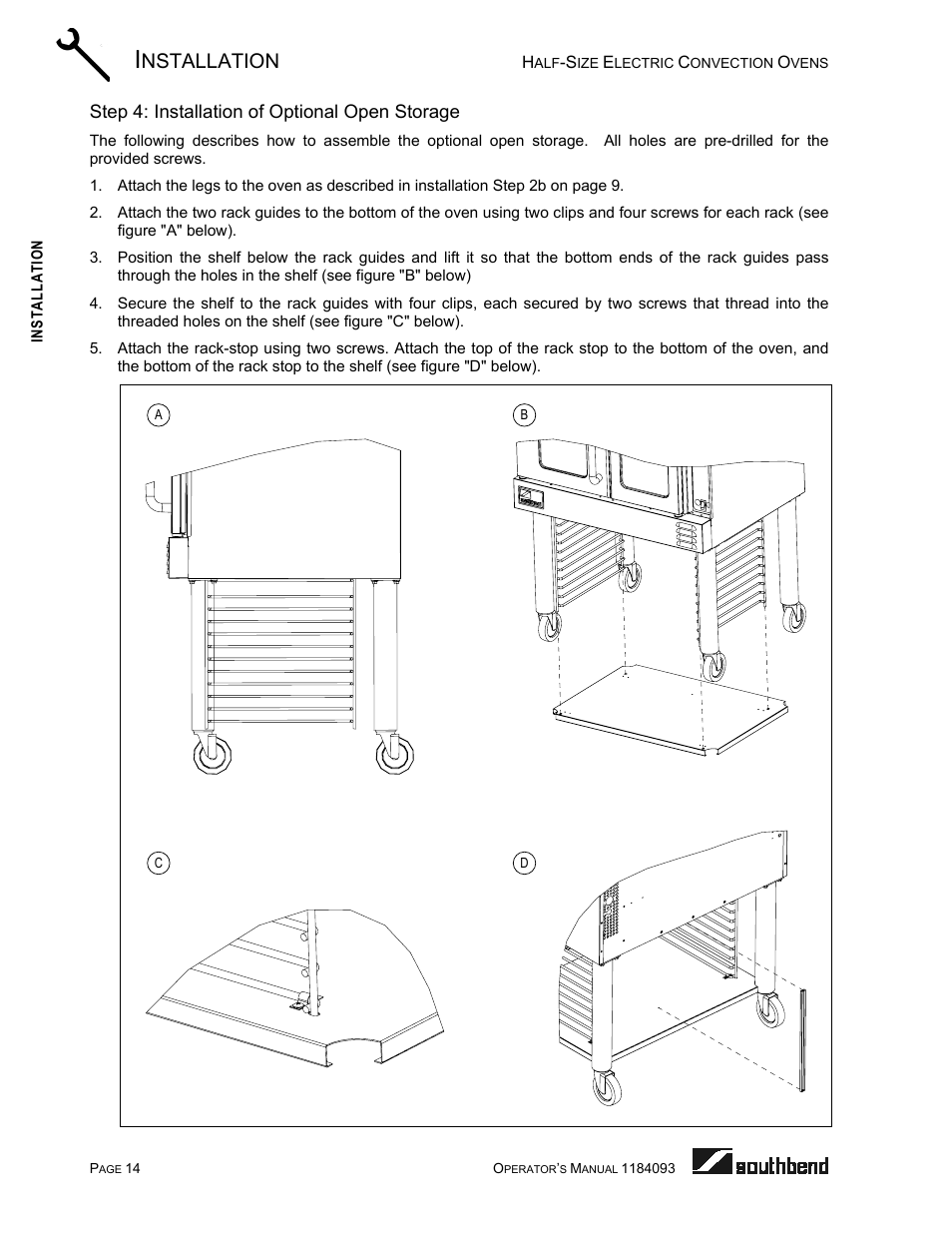 Step 4: installation of optional open storage, Nstallation | Southbend 1184093 User Manual | Page 14 / 72