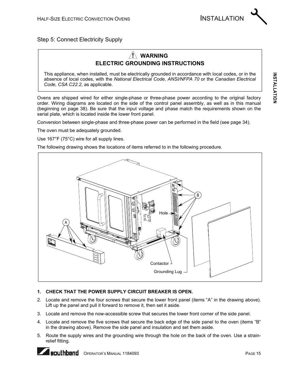 Step 5: connect electricity supply, E 15). m, Nstallation | Southbend 1184093 User Manual | Page 15 / 72