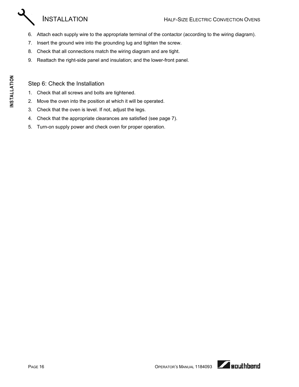 Step 6: check the installation, Nstallation | Southbend 1184093 User Manual | Page 16 / 72