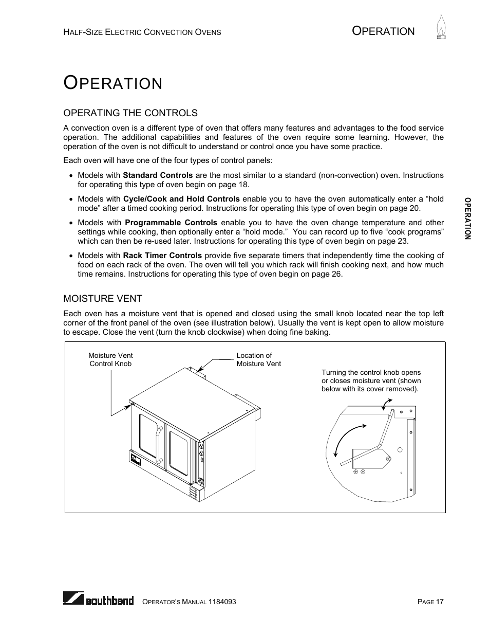 Operation, Operating the controls, Moisture vent | Peration | Southbend 1184093 User Manual | Page 17 / 72