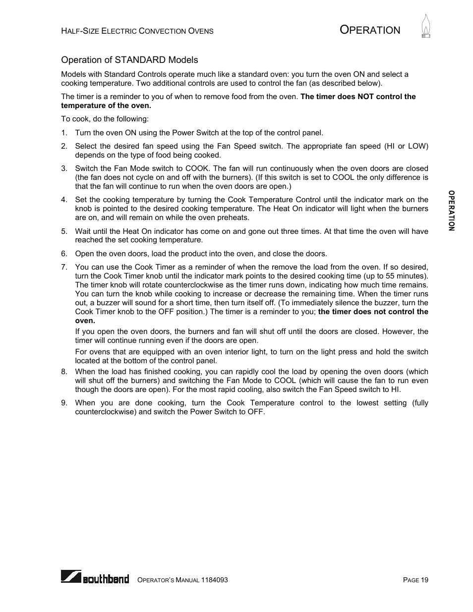 Operation of standard models, Peration | Southbend 1184093 User Manual | Page 19 / 72