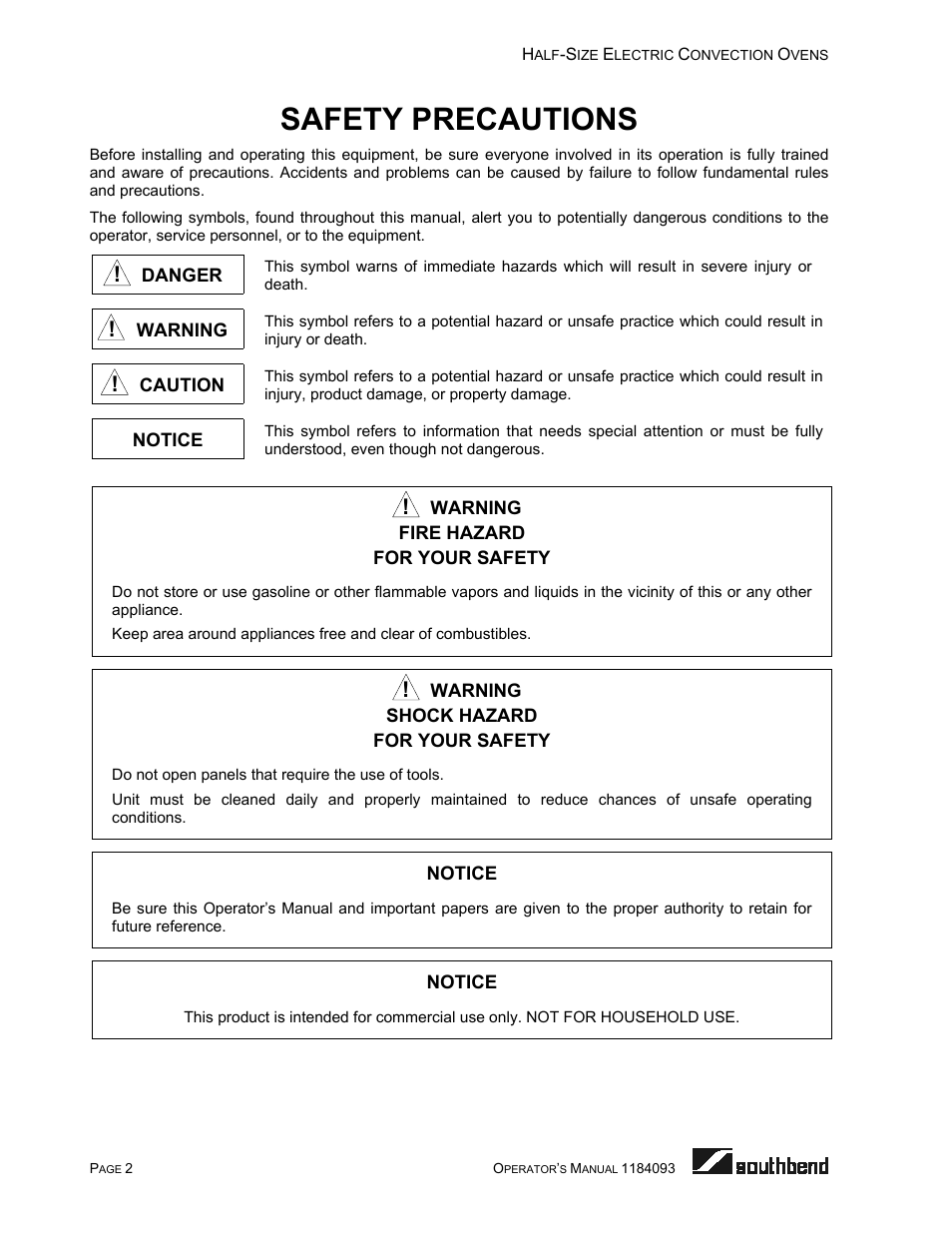 Safety precautions | Southbend 1184093 User Manual | Page 2 / 72