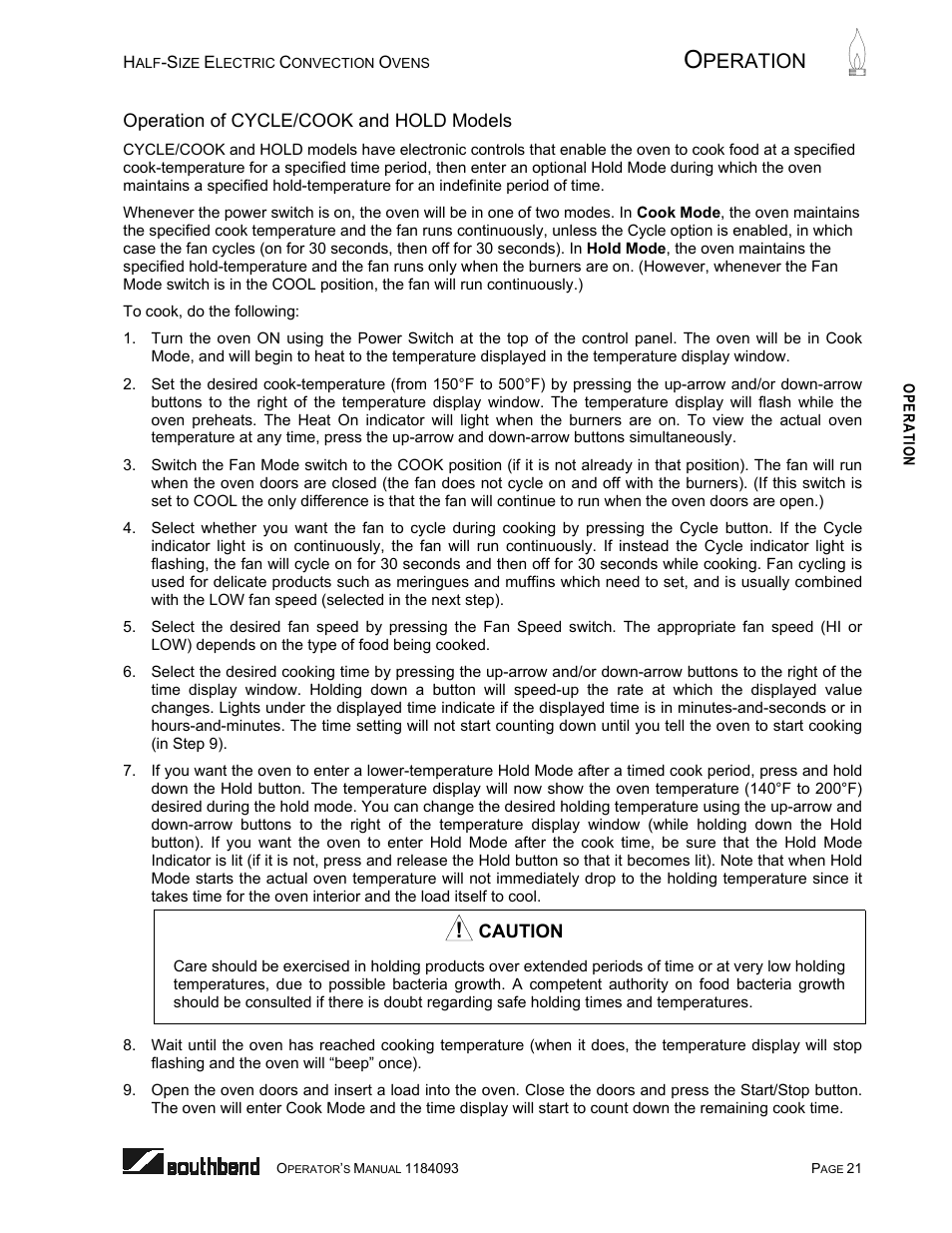 Operation of cycle/cook and hold models, Peration | Southbend 1184093 User Manual | Page 21 / 72