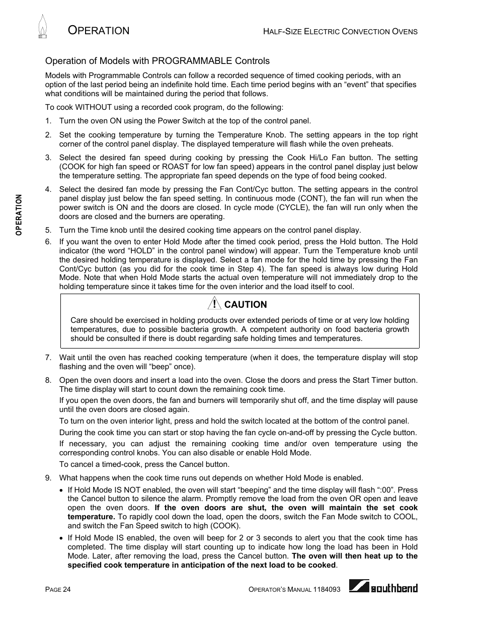 Operation of models with programmable controls, Peration | Southbend 1184093 User Manual | Page 24 / 72