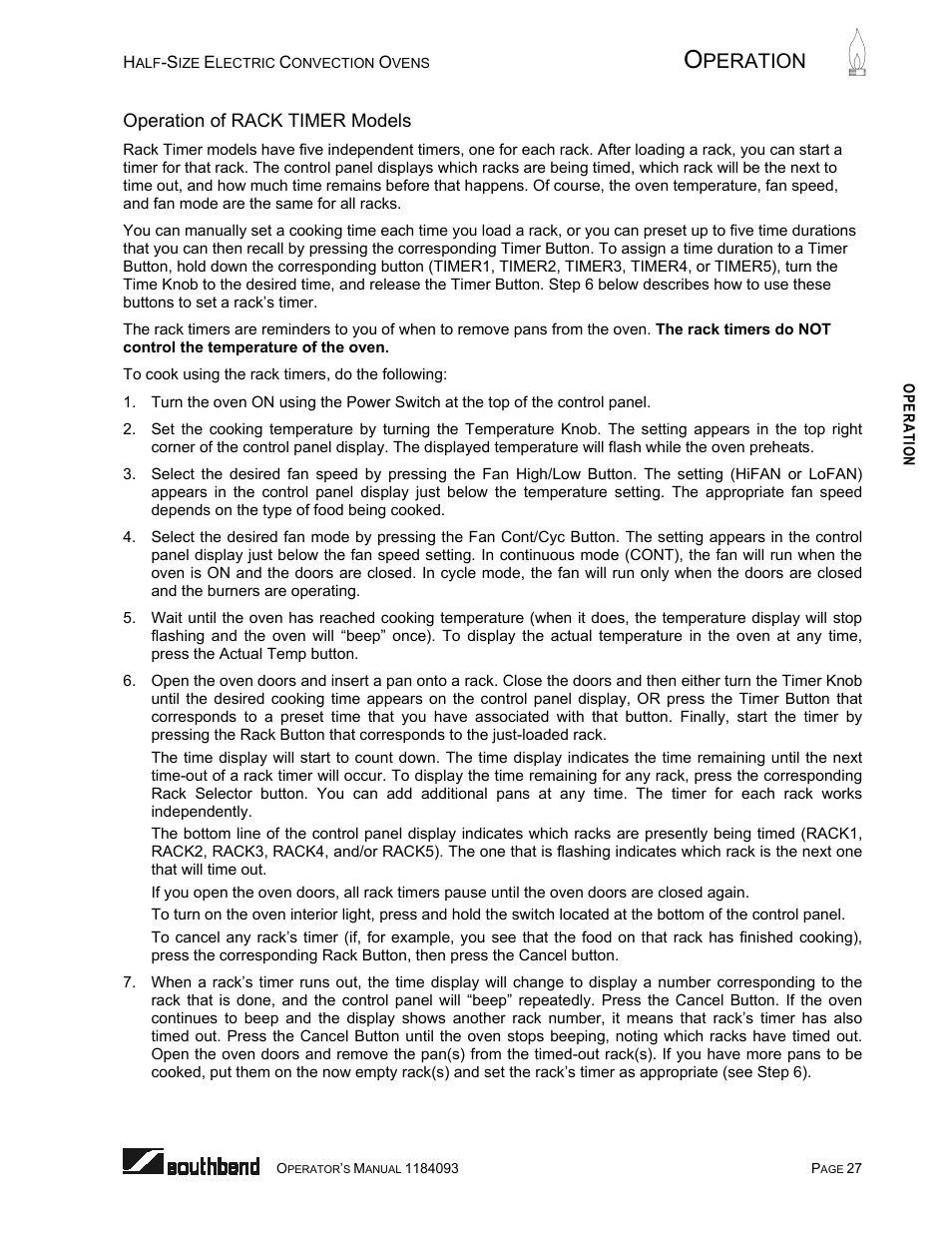 Operation of rack timer models, Peration | Southbend 1184093 User Manual | Page 27 / 72