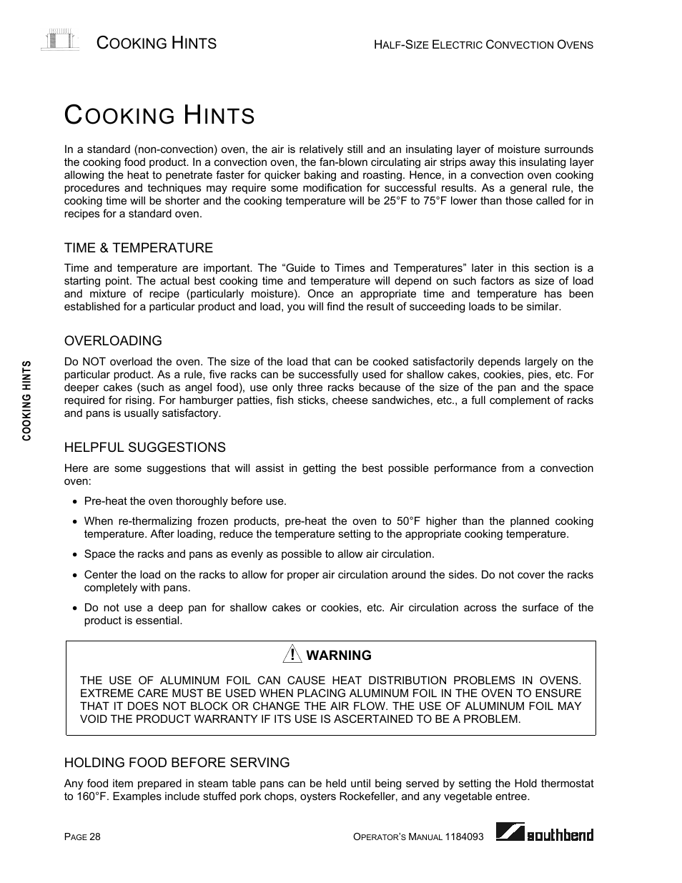 Cooking hints, Time & temperature, Overloading | Helpful suggestions, Holding food before serving, Ooking, Ints | Southbend 1184093 User Manual | Page 28 / 72