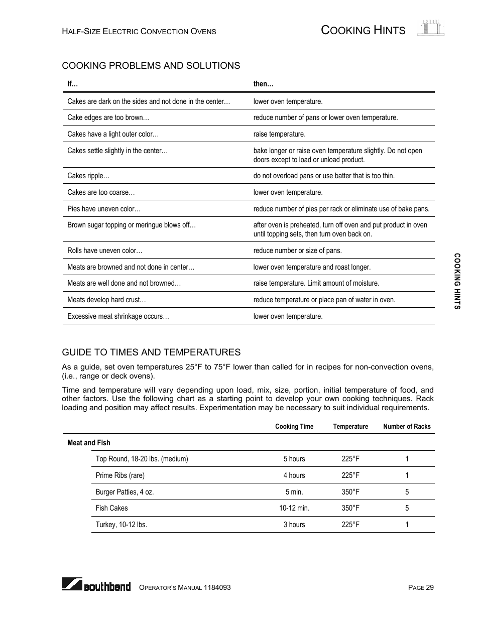 Cooking problems and solutions, Guide to times and temperatures, Ooking | Ints | Southbend 1184093 User Manual | Page 29 / 72