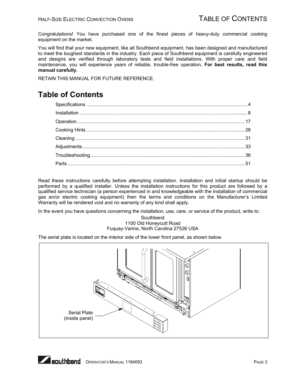 Southbend 1184093 User Manual | Page 3 / 72