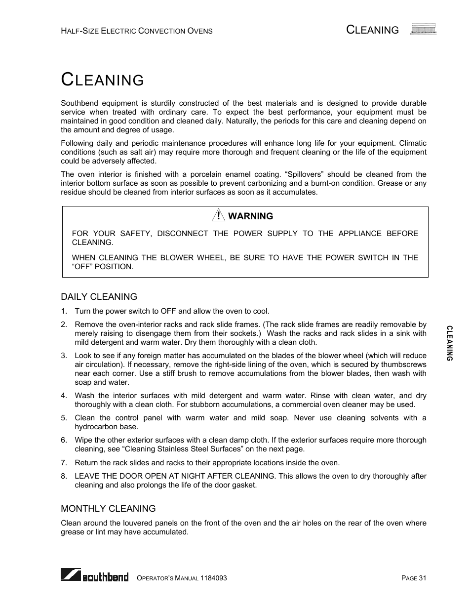 Cleaning, Daily cleaning, Monthly cleaning | Leaning | Southbend 1184093 User Manual | Page 31 / 72