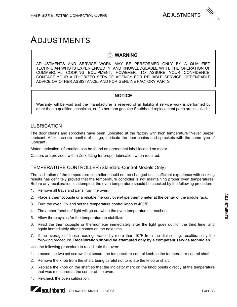 Adjustments, Lubrication, Djustments | Southbend 1184093 User Manual | Page 33 / 72