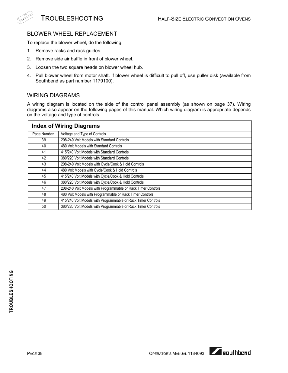 Blower wheel replacement, Wiring diagrams, Index of wiring diagrams | E 38, Age 38.), E 38 for, Roubleshooting | Southbend 1184093 User Manual | Page 38 / 72