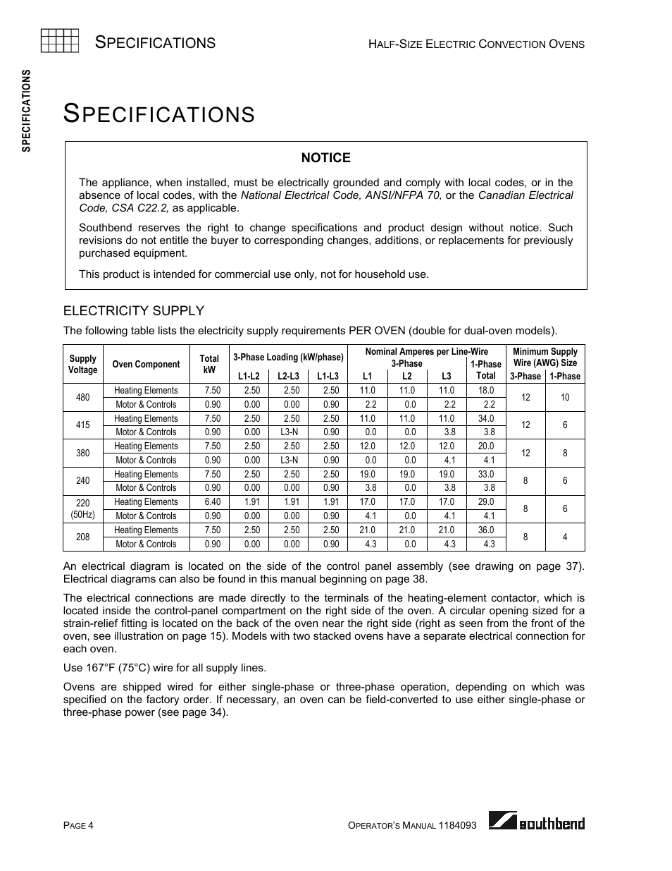 Specifications, Electricity supply, Pecifications | Notice | Southbend 1184093 User Manual | Page 4 / 72