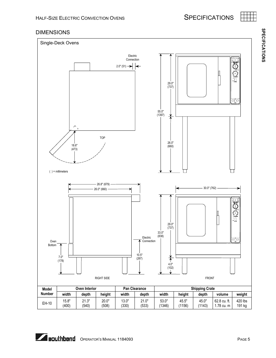 Dimensions of single-deck ovens, Pecifications, Dimensions | Southbend 1184093 User Manual | Page 5 / 72