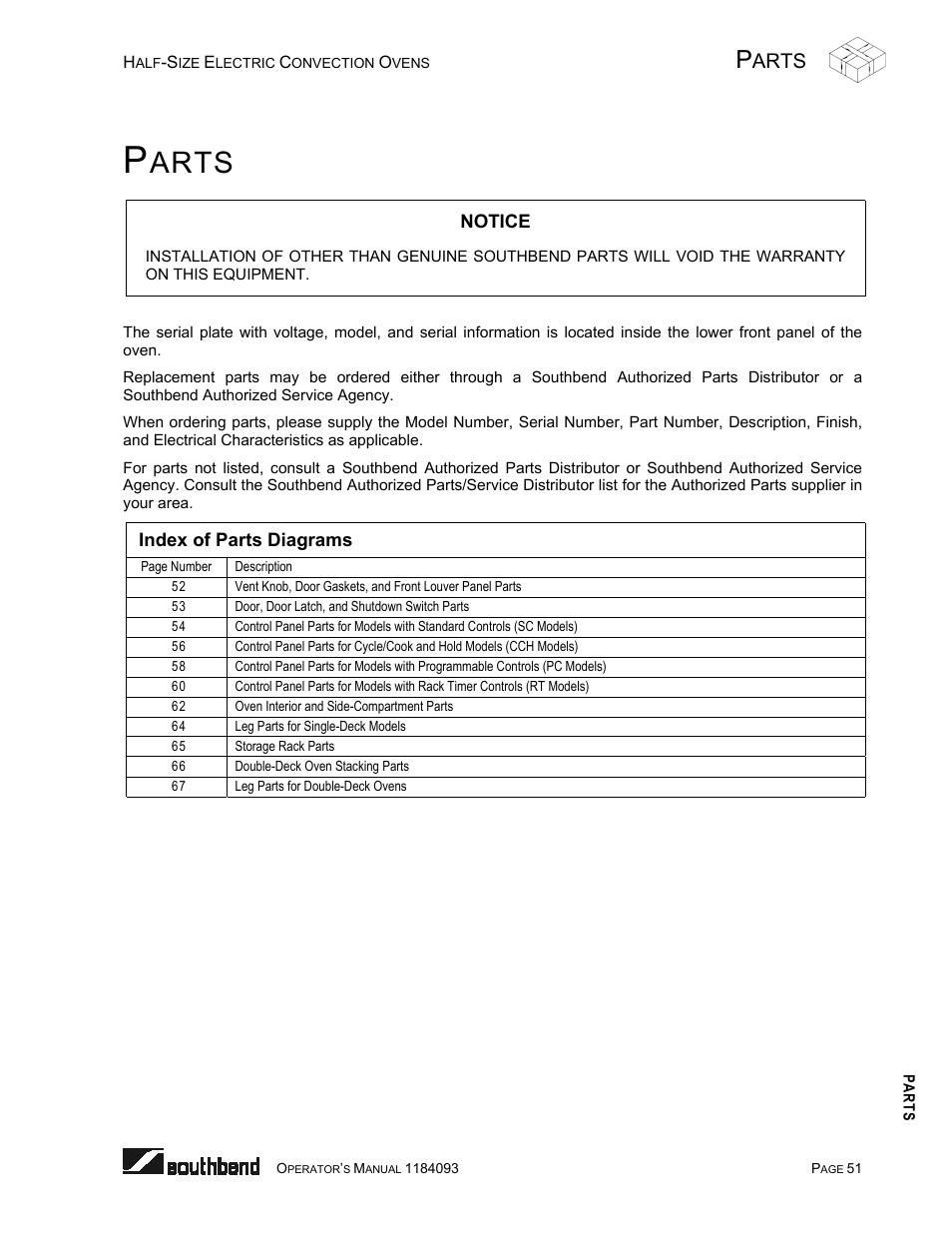 Parts, Index of parts diagrams, Arts | Southbend 1184093 User Manual | Page 51 / 72