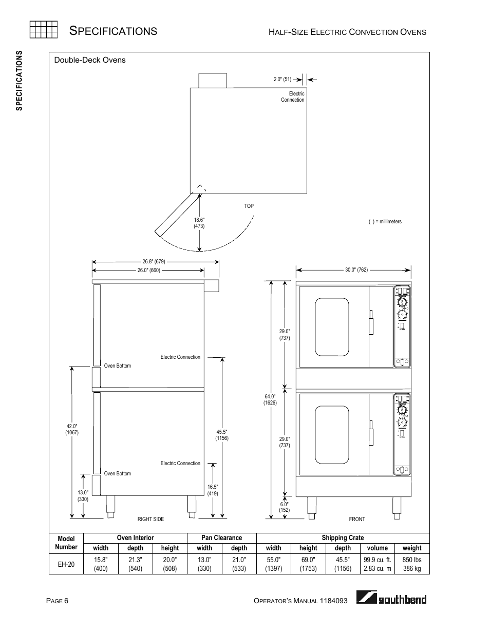 Dimensions of double-deck ovens, Pecifications | Southbend 1184093 User Manual | Page 6 / 72