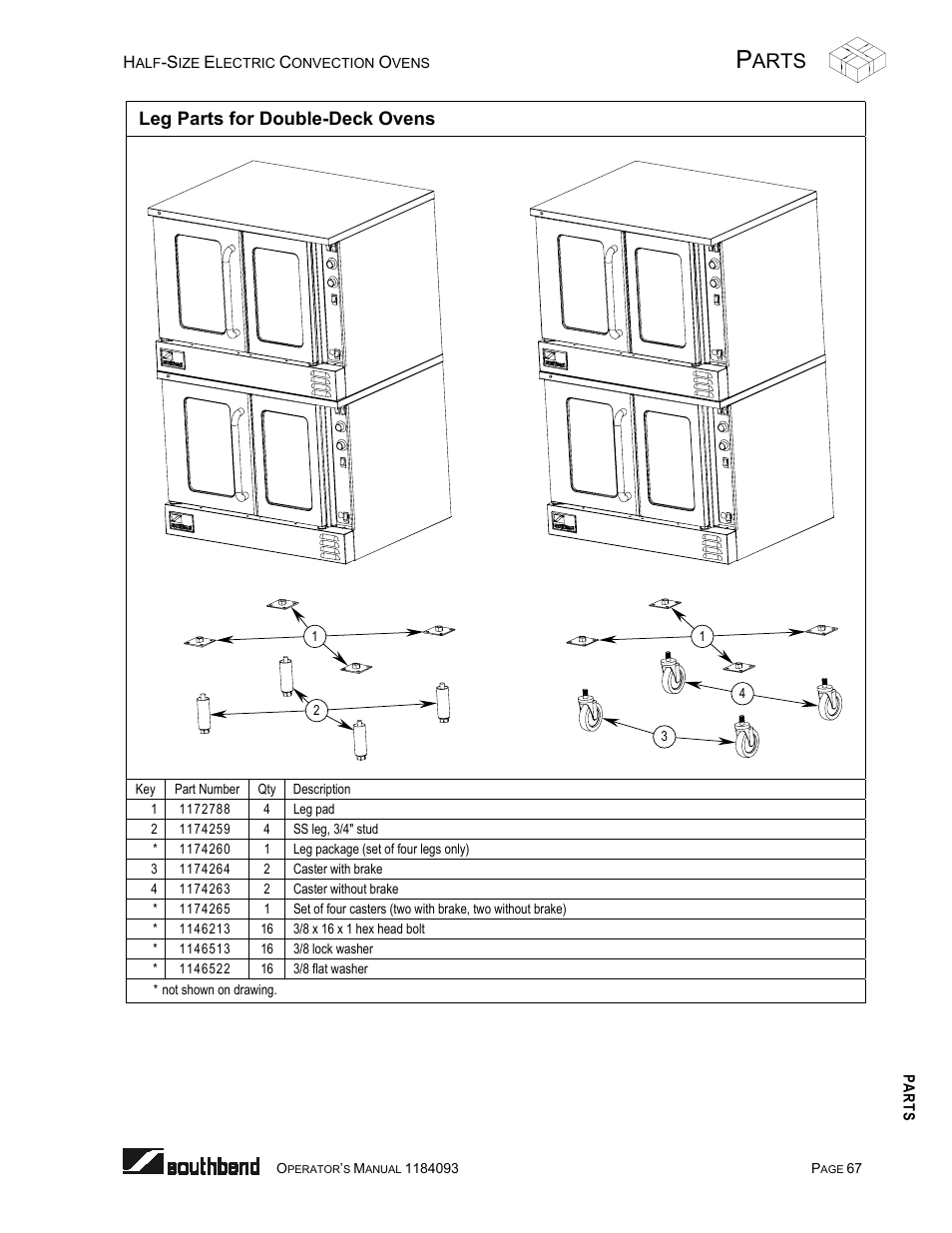 Leg parts for double-deck ovens, Arts | Southbend 1184093 User Manual | Page 67 / 72