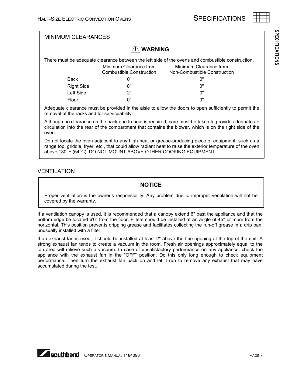 Minimum clearances, Ventilation, Pecifications | Southbend 1184093 User Manual | Page 7 / 72