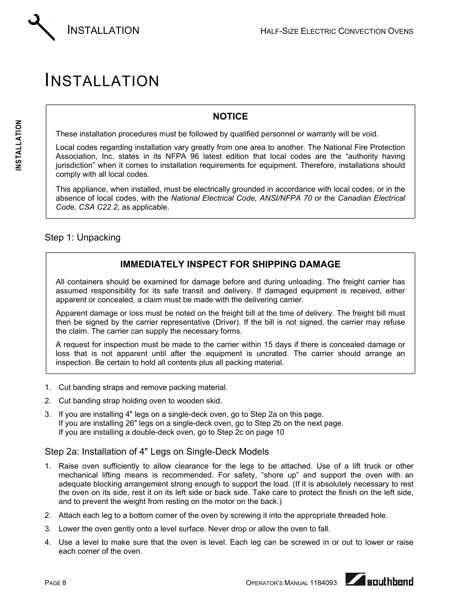 Installation, Step 1: unpacking, Nstallation | Southbend 1184093 User Manual | Page 8 / 72