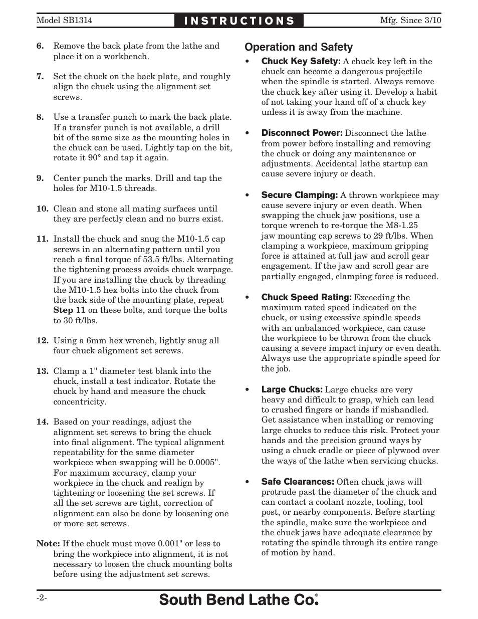 Operation and safety | Southbend SB1314 User Manual | Page 2 / 4