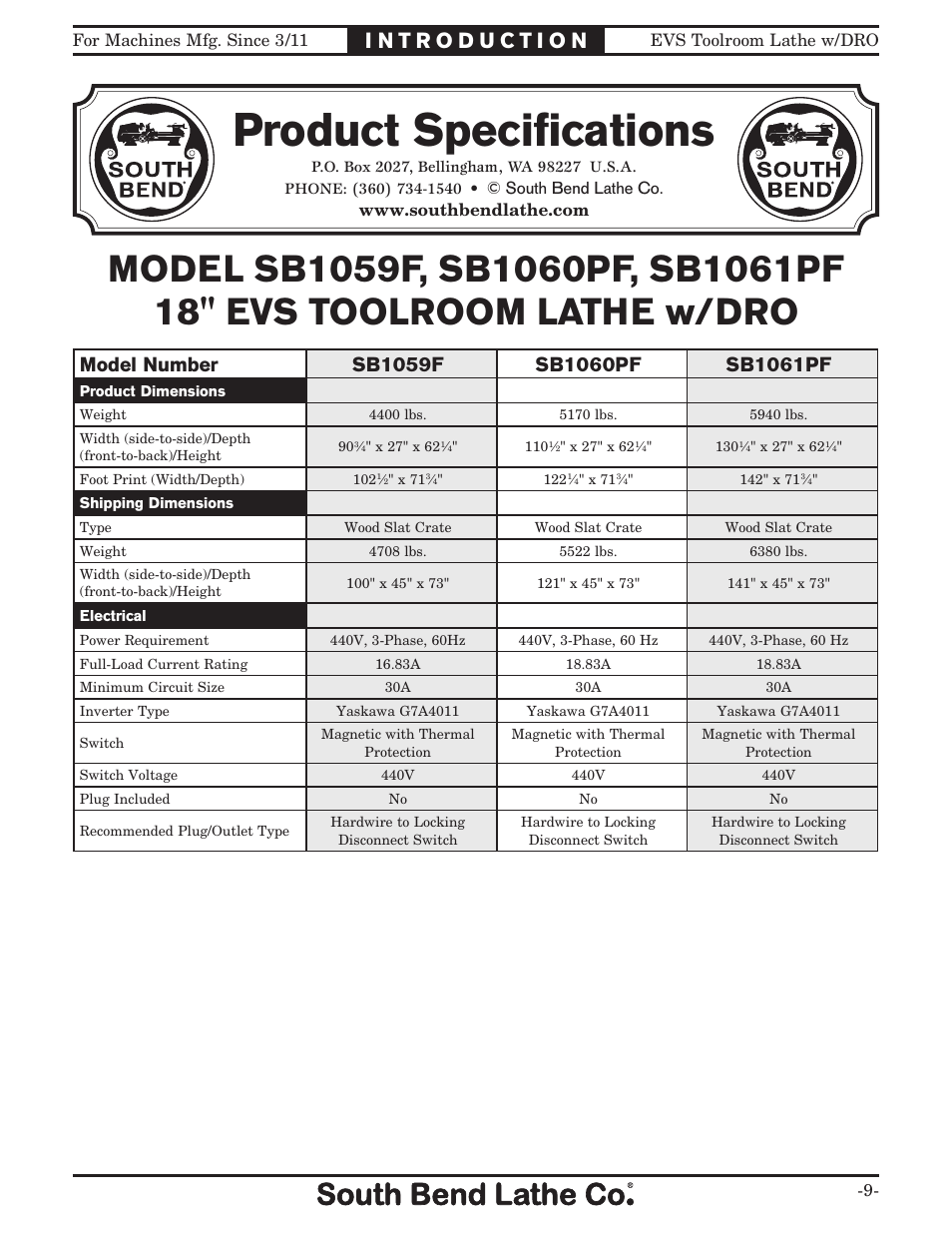 Product speciﬁcations | Southbend EVS Tool Room lathe w/DRO SB1059F User Manual | Page 11 / 140