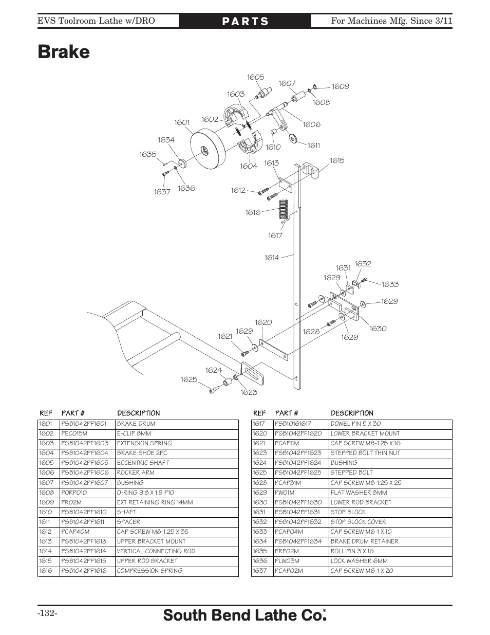 Brake | Southbend EVS Tool Room lathe w/DRO SB1059F User Manual | Page 134 / 140