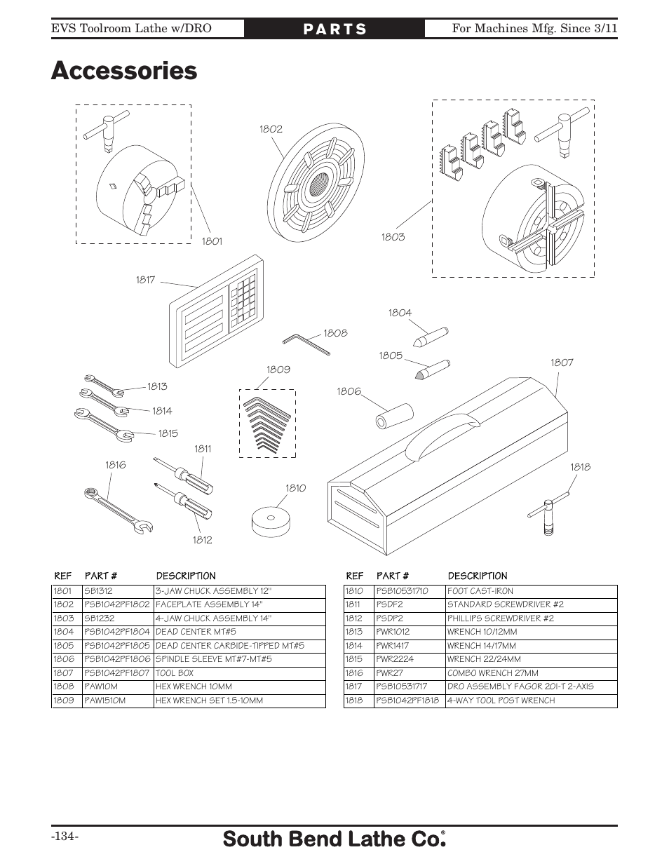 Accessories | Southbend EVS Tool Room lathe w/DRO SB1059F User Manual | Page 136 / 140