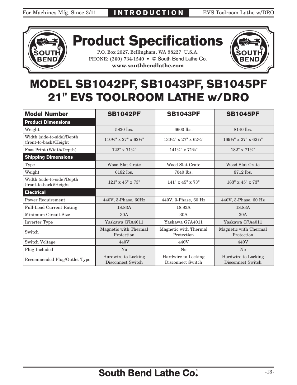 Product speciﬁcations | Southbend EVS Tool Room lathe w/DRO SB1059F User Manual | Page 15 / 140