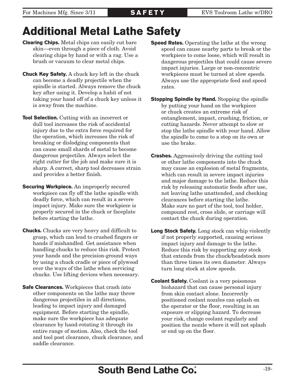 Additional metal lathe safety | Southbend EVS Tool Room lathe w/DRO SB1059F User Manual | Page 21 / 140