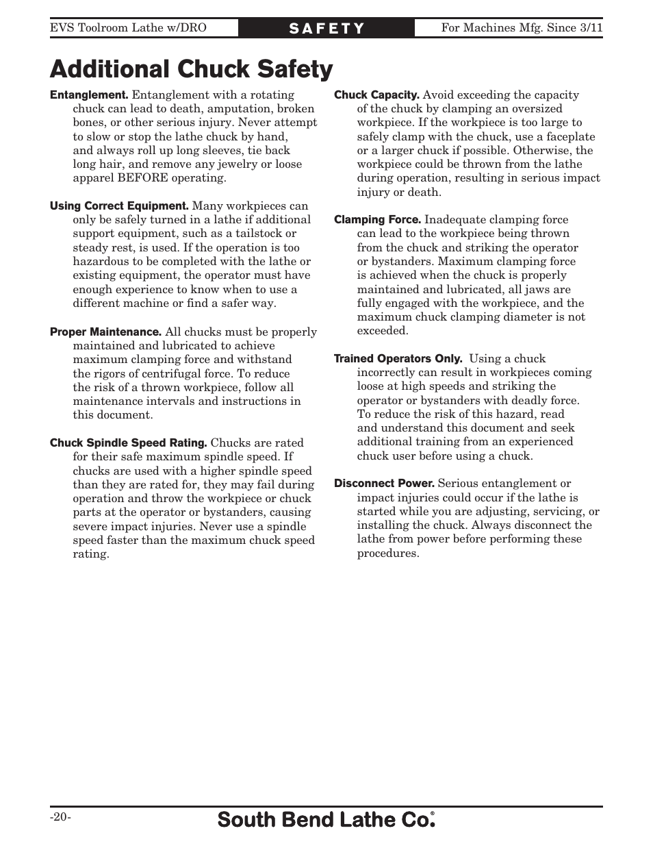 Additional chuck safety | Southbend EVS Tool Room lathe w/DRO SB1059F User Manual | Page 22 / 140