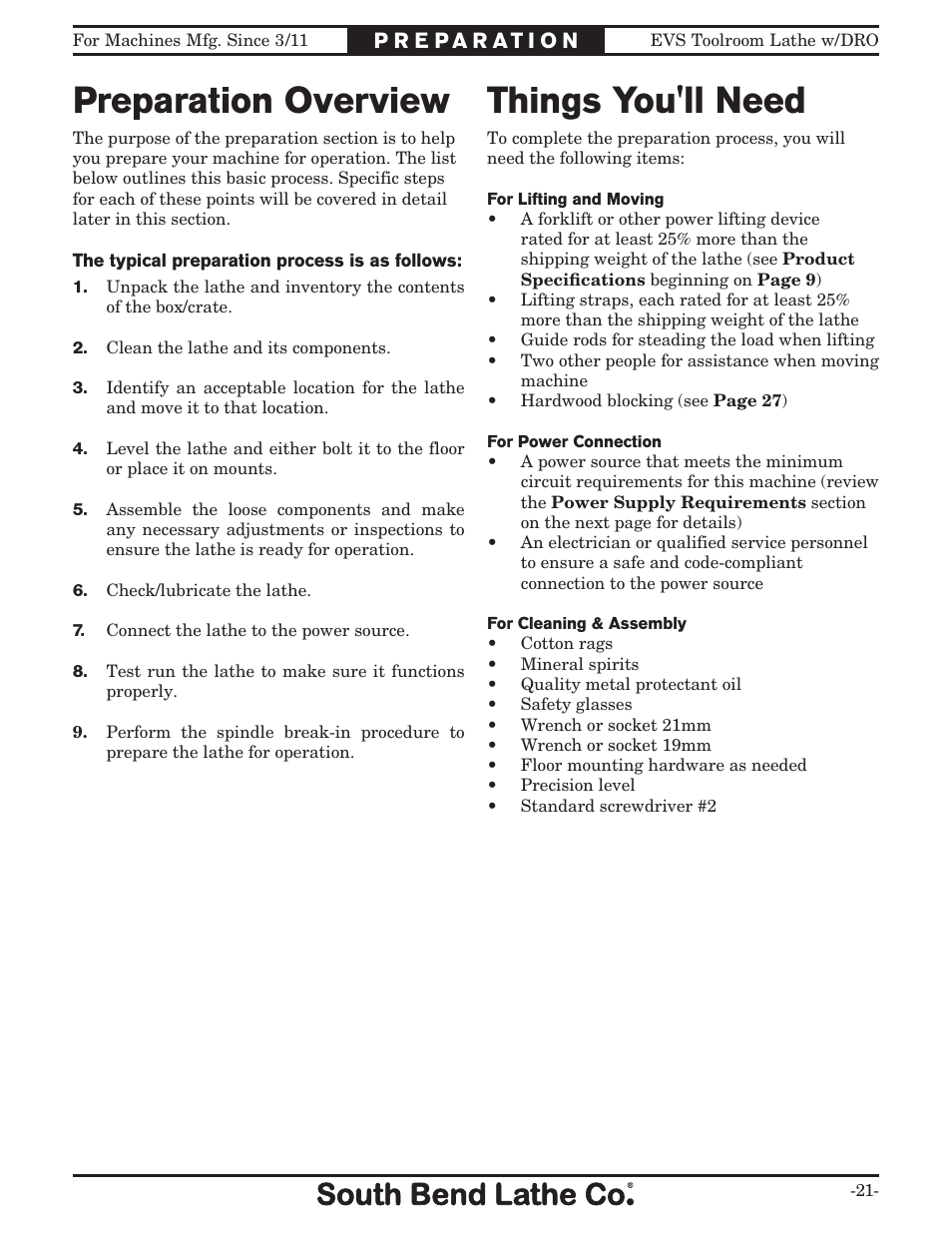 Preparation overview things you'll need | Southbend EVS Tool Room lathe w/DRO SB1059F User Manual | Page 23 / 140