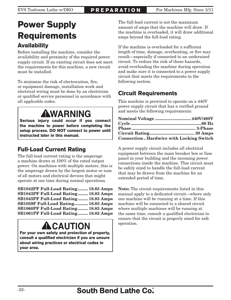 Power supply requirements, Availability, Full-load current rating | Circuit requirements | Southbend EVS Tool Room lathe w/DRO SB1059F User Manual | Page 24 / 140