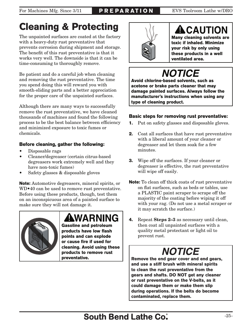 Cleaning & protecting | Southbend EVS Tool Room lathe w/DRO SB1059F User Manual | Page 27 / 140