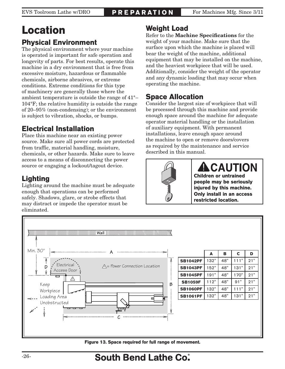 Location, Space allocation, Physical environment | Electrical installation, Lighting | Southbend EVS Tool Room lathe w/DRO SB1059F User Manual | Page 28 / 140