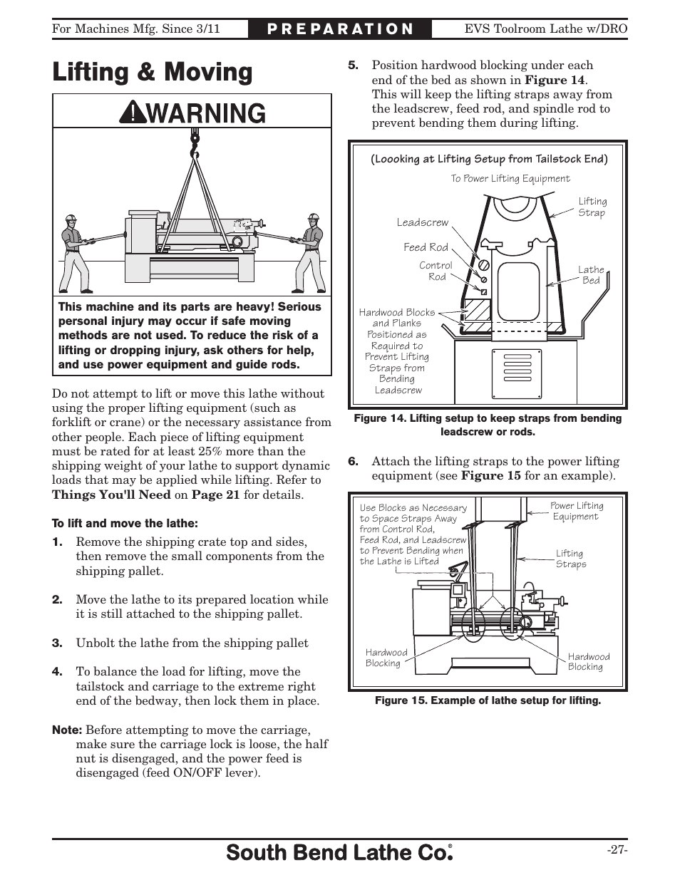 Lifting & moving | Southbend EVS Tool Room lathe w/DRO SB1059F User Manual | Page 29 / 140