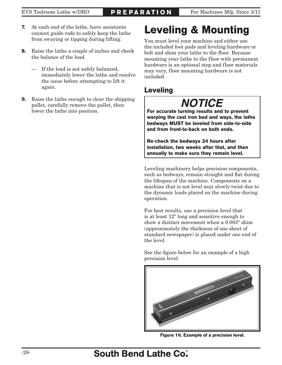 Leveling & mounting, Leveling | Southbend EVS Tool Room lathe w/DRO SB1059F User Manual | Page 30 / 140