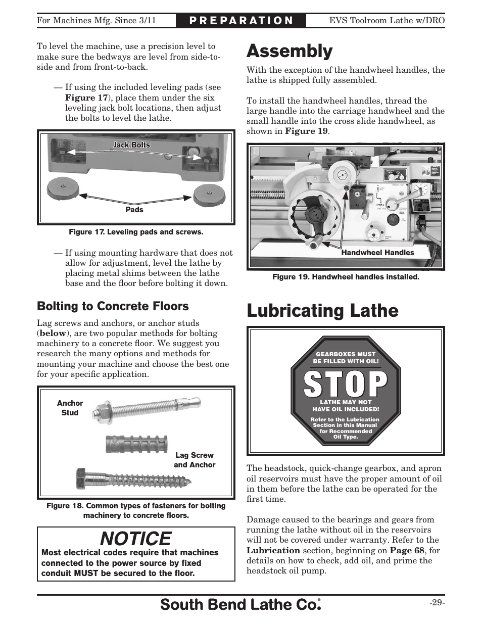 Assembly, Lubricating lathe, Bolting to concrete floors | Southbend EVS Tool Room lathe w/DRO SB1059F User Manual | Page 31 / 140